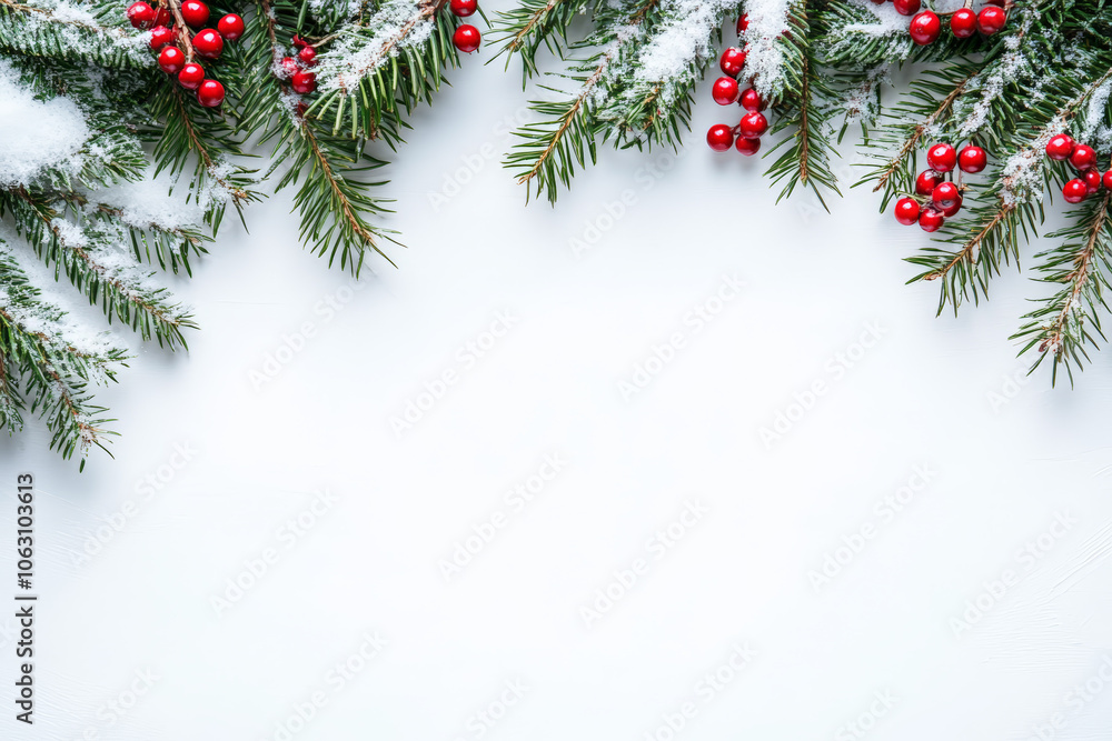 Christmas composition. Fir tree branches, red berries isolated on white background. New year concept. Christmas composition. Fir tree branches, red berries isolated on white background. New year concept.