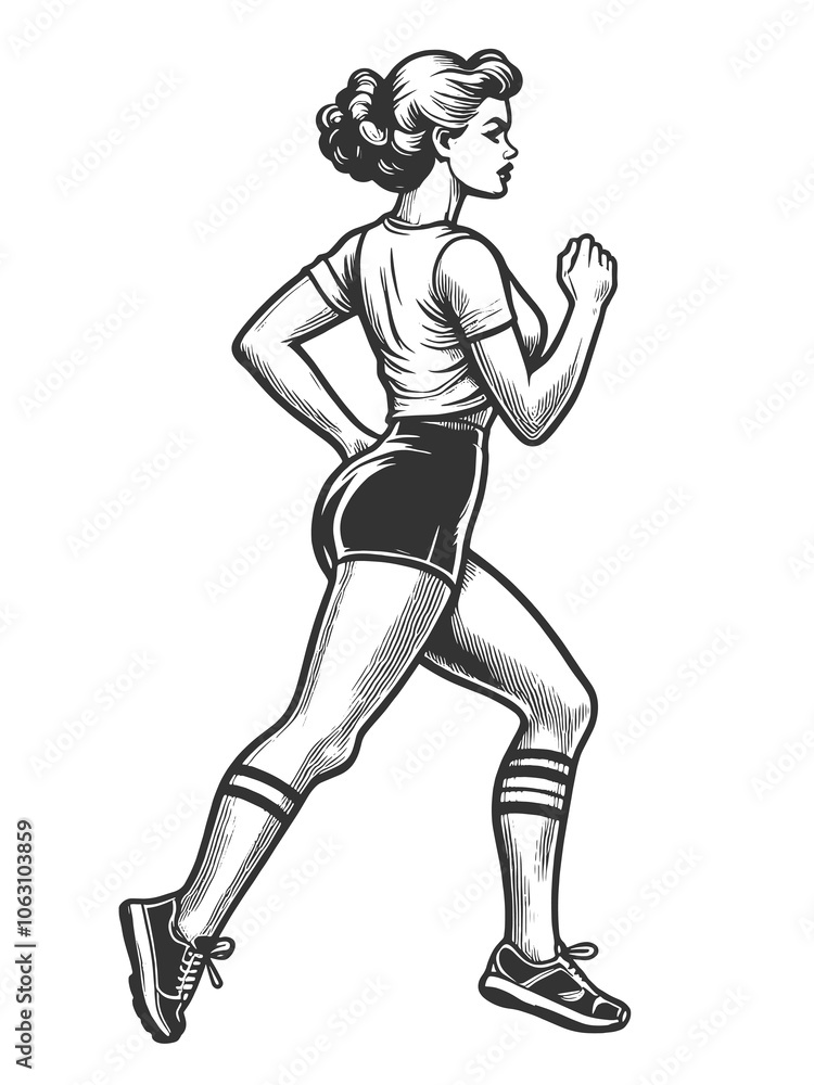 woman in motion, jogging with determination in classic athletic wear sketch engraving generative ai fictional character raster illustration. Scratch board imitation. Black and white image. woman in motion, jogging with determination in classic athletic wear sketch engraving generative ai fictional character raster illustration. Scratch board imitation. Black and white image.