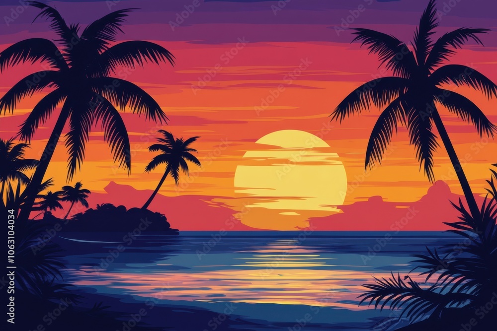 Vibrant sunset over a quiet beach, with silhouettes of palm trees swaying gently in the breeze, evoking a sense of tranquility and relaxation Vibrant sunset over a quiet beach, with silhouettes of palm trees swaying gently in the breeze, evoking a sense of tranquility and relaxation