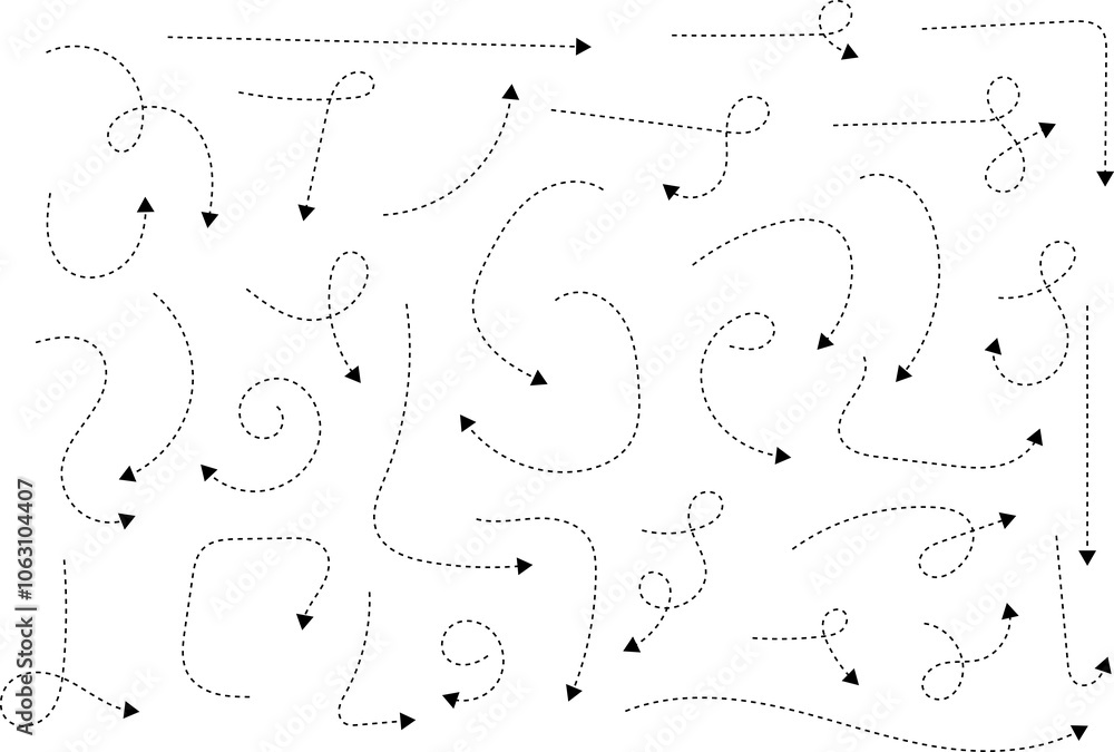 Handdrawn dotted arrows. Hand drawn freehand different curved lines, swirls arrows. Curved arrow line. Doodle, sketch style. Isolated Handdrawn dotted arrows. Hand drawn freehand different curved lines, swirls arrows. Curved arrow line. Doodle, sketch style. Isolated