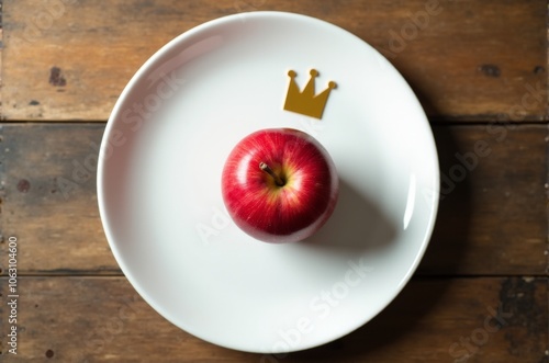 Red apple with golden crown on white plate symbolizing royal quality and purity in a minimalist food composition photo