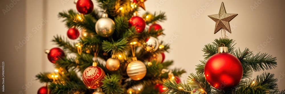 Beautifully decorated Christmas tree with shiny ornaments, twinkling lights, and a star tree topper, decor Beautifully decorated Christmas tree with shiny ornaments, twinkling lights, and a star tree topper, decor