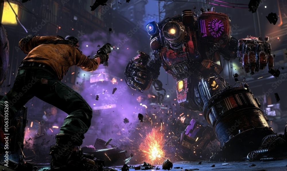 Man battles robotic enemy in a fiery explosion. Man battles robotic enemy in a fiery explosion.