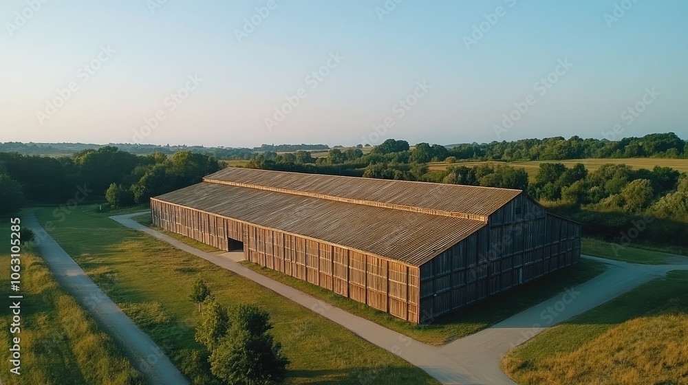 Large Wooden Barn Surrounded by Green Landscape Large Wooden Barn Surrounded by Green Landscape