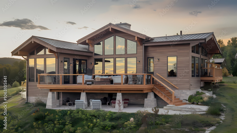 Modern wooden house with large windows and a welcoming porch, surrounded by nature and a scenic landscape at sunset. Perfect for cozy living and outdoor enjoyment. Modern wooden house with large windows and a welcoming porch, surrounded by nature and a scenic landscape at sunset. Perfect for cozy living and outdoor enjoyment.
