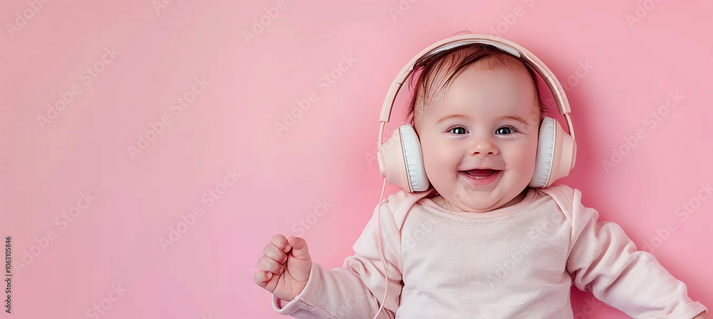 Image of smiling child in headphones on pink background with copy space Image of smiling child in headphones on pink background with copy space