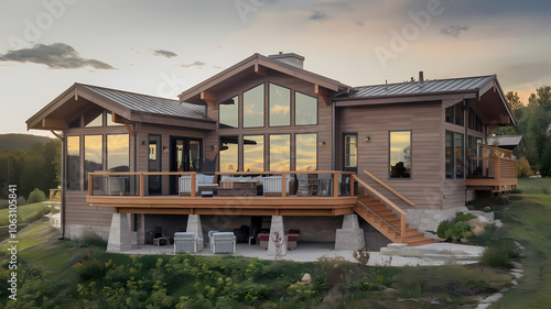 Modern wooden house with large windows and a welcoming porch  surrounded by nature and a scenic landscape at sunset. Perfect for cozy living and outdoor enjoyment.