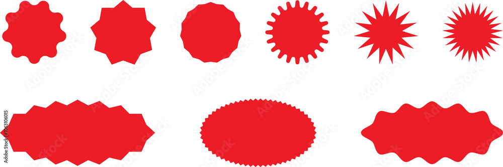 Starburst red sticker set - collection of special offer sale oval and round shaped sunburst labels and badges. Promo stickers with star edges. Starburst red sticker set - collection of special offer sale oval and round shaped sunburst labels and badges. Promo stickers with star edges.