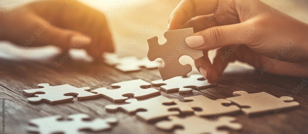 Close-up of hands doing a puzzle on a wooden table, warm lighting Close-up of hands doing a puzzle on a wooden table, warm lighting
