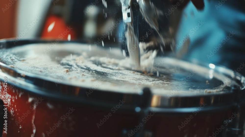 A close-up shot of the mixer's drum, capturing the details and any residue, with the body softly blurred behind it. A close-up shot of the mixer's drum, capturing the details and any residue, with the body softly blurred behind it.