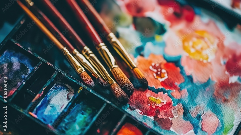 Fototapeta premium Vibrant Watercolor Palette with Brushes and Paints