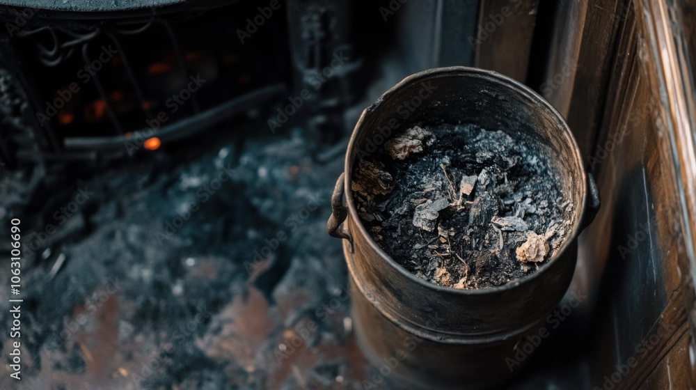 A top-down view of an ash bucket sitting next to a fireplace, with ashes inside. The focus is on the bucket's design and finish. A top-down view of an ash bucket sitting next to a fireplace, with ashes inside. The focus is on the bucket's design and finish.