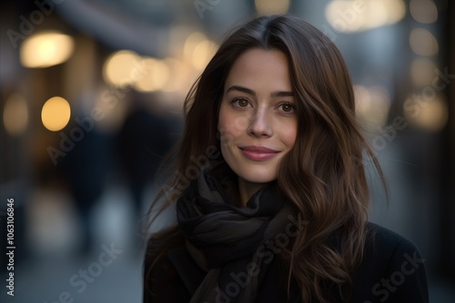 Portrait of a beautiful woman with long brown hair in a black coat and scarf