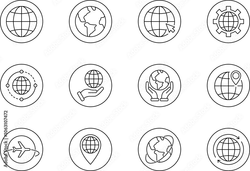World globe line icon. Earth global country map sign. Travel internet globe collection. World globe line icon. Earth global country map sign. Travel internet globe collection.