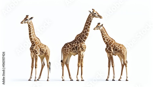 Three giraffes standing in a row  isolated on a white background.