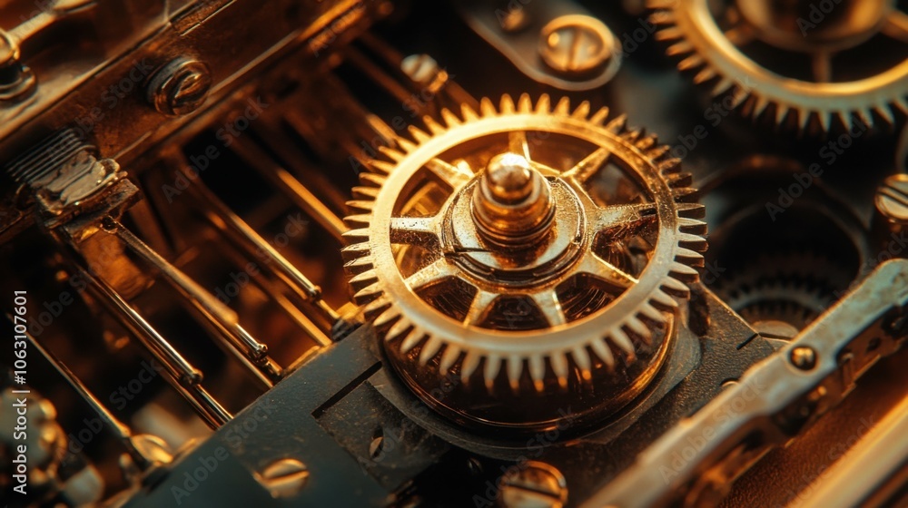 Aerial view of an old wind-up music box, sharp focus on key and gears, warm light reflecting off brass, nostalgia and melody, intricate machinery Aerial view of an old wind-up music box, sharp focus on key and gears, warm light reflecting off brass, nostalgia and melody, intricate machinery