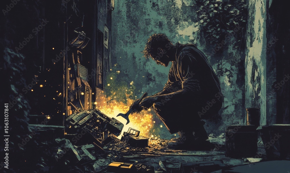 Fototapeta premium Man welds metal in a dark alley.