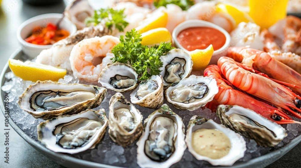 A vibrant seafood platter featuring an array of fresh shellfish, A vibrant seafood platter featuring an array of fresh shellfish,