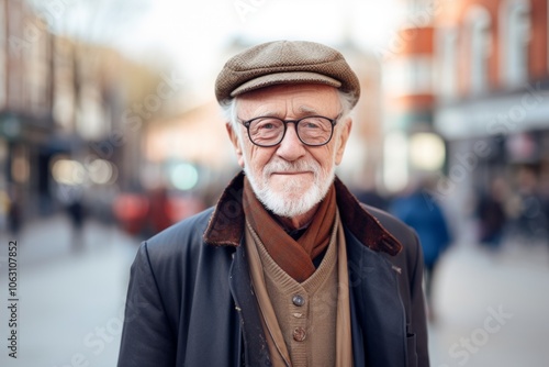 Portrait of a senior man in a cap on the street.