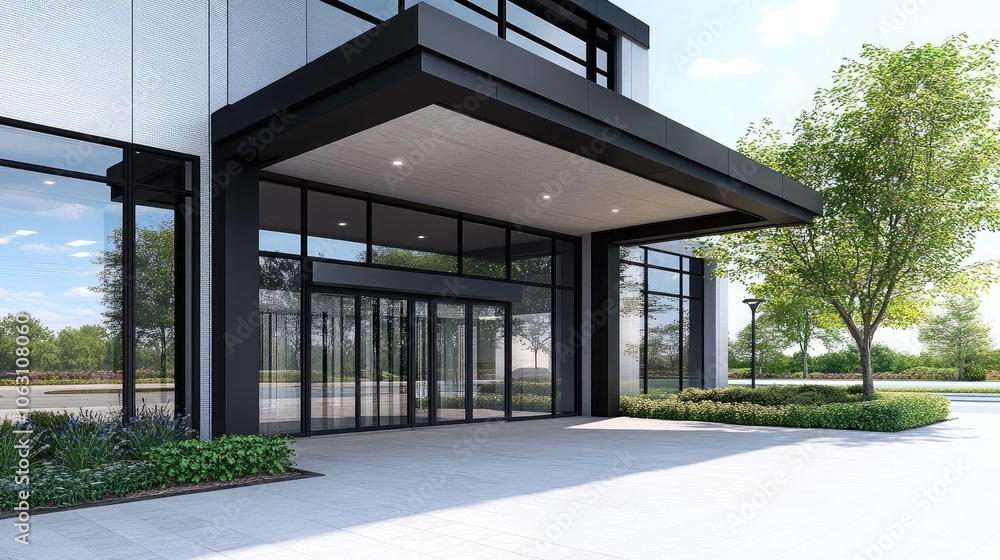 Modern Office Entrance with Glass Facade and Greenery Modern Office Entrance with Glass Facade and Greenery