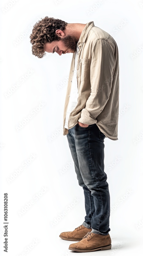 Sad Man Looking Down with Hands in Pockets Sad Man Looking Down with Hands in Pockets