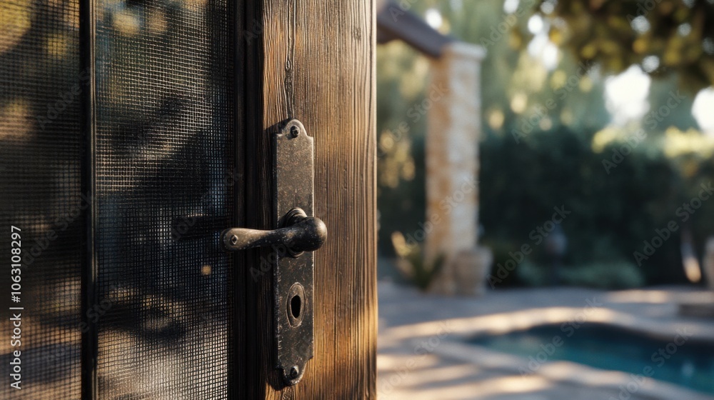 A close-up shot of the screen door's handle, capturing the details and any markings, with the surrounding area softly blurred. A close-up shot of the screen door's handle, capturing the details and any markings, with the surrounding area softly blurred.