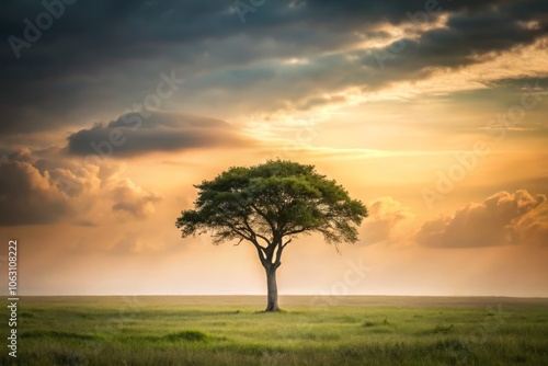 Serene Silhouette of a Solitary Tree in an Expansive Field Under a Muted Sky - Perfect for Vertical Banners and Tropical Forest Designs