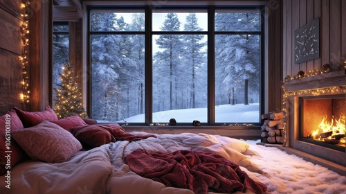 A warm cabin bedroom with a large window, showing