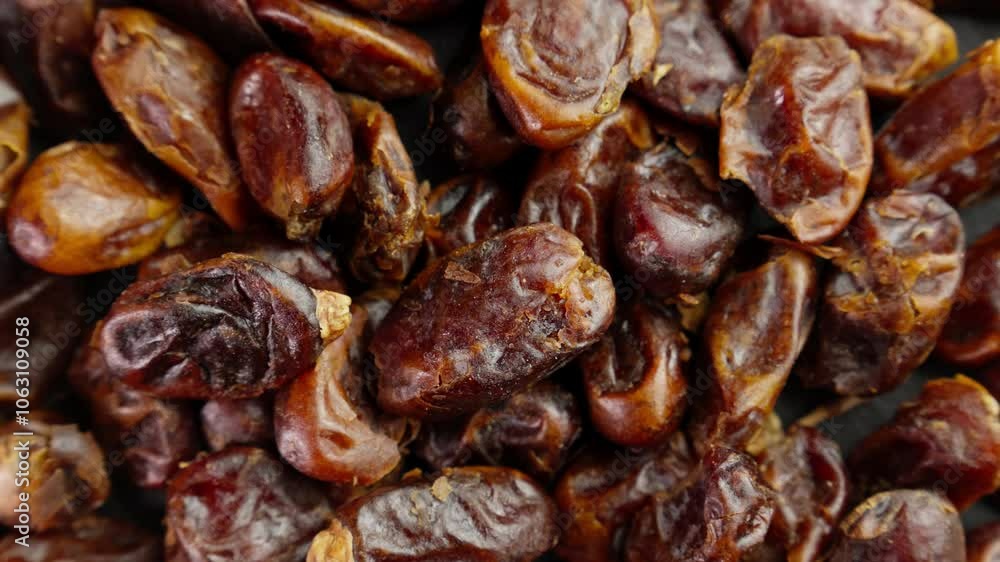 Dried dates rotating. Organic ingredient for cooking. Top view. Pile of dates. Tasty dried fruit. Production line. Slider dolly shot. Zoom out. Rich colors and textures. Close-up in 4K, UHD Dried dates rotating. Organic ingredient for cooking. Top view. Pile of dates. Tasty dried fruit. Production line. Slider dolly shot. Zoom out. Rich colors and textures. Close-up in 4K, UHD