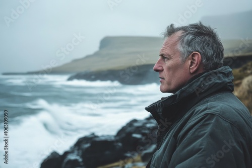 Middle-aged man staring at the ocean from a rocky shore, waves crashing, overcast sky, deep thoughts, solitary figure, cold wind, muted tones, quiet tension