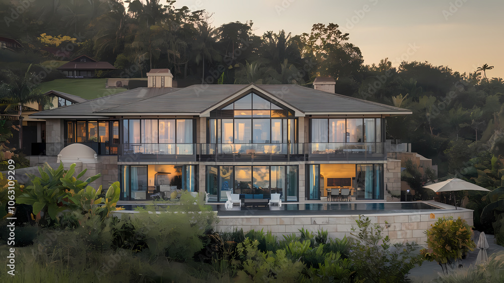 Stunning modern villa with large glass windows and a spacious balcony overlooking lush greenery, perfect for luxury living and relaxation at sunset in a serene setting. Stunning modern villa with large glass windows and a spacious balcony overlooking lush greenery, perfect for luxury living and relaxation at sunset in a serene setting.