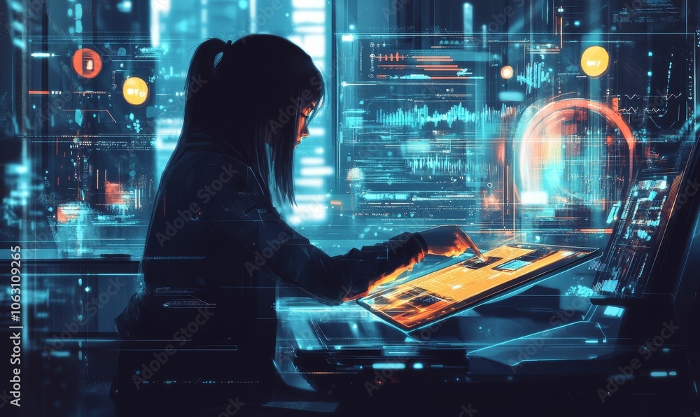 A woman works on a digital device. A woman works on a digital device.