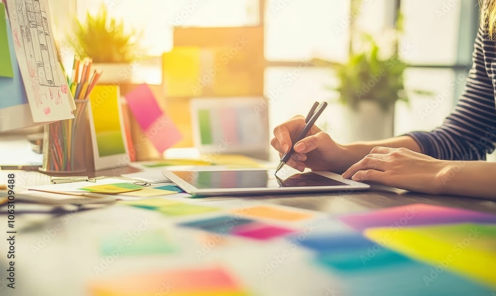 Person using stylus on tablet with colorful papers. Person using stylus on tablet with colorful papers.