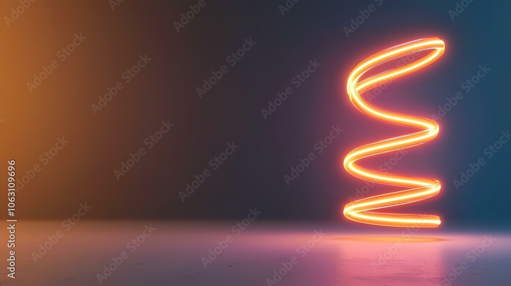 Obraz premium A glowing orange neon light shaped like a spiral sits on a reflective surface.