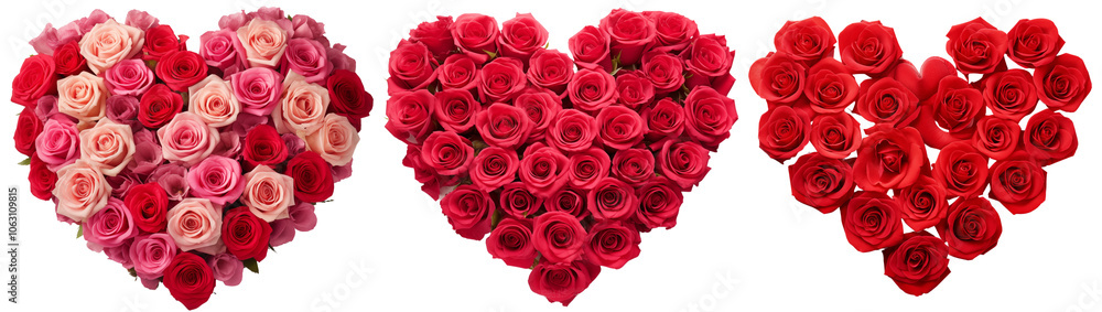 Beautiful collection of heart shaped arrangements made of red and pink roses, perfect for expressing love and affection. Ideal for romantic occasions and celebrations PNG cutout. Beautiful collection of heart shaped arrangements made of red and pink roses, perfect for expressing love and affection. Ideal for romantic occasions and celebrations PNG cutout.