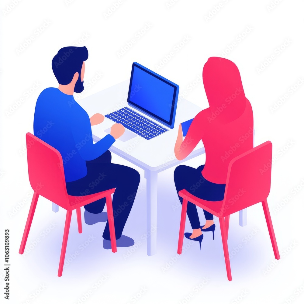 Two people collaborating at a table with a laptop and a smartphone. Two people collaborating at a table with a laptop and a smartphone.