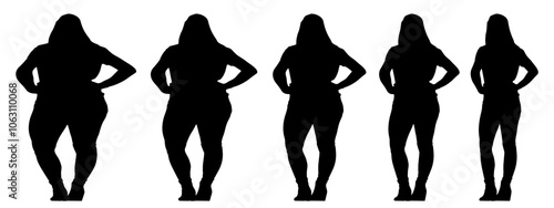 Conceptual fat overweight obese female vs slim fit healthy body after weight loss or diet on white background banner. A  fitness, nutrition or obesity, health shape illustration vector as silhouettes