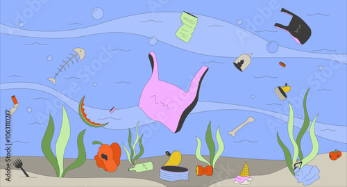 Marine litter floating underwater ocean flat illustration. Plastic and organic waste undersea 2D cartoon background. Environmental disaster. Contamination water. Sea pollution scene vector image
