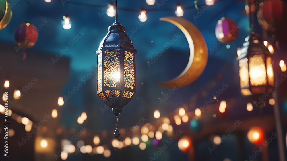 A serene night scene with lanterns, a crescent moon, and colorful decorations. AI Image A serene night scene with lanterns, a crescent moon, and colorful decorations. AI Image
