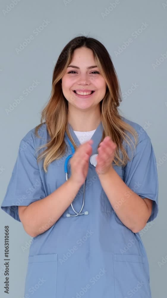Friendly female Caucasian young adult doctor or nurse applauding in appreciation and enjoyment on blue background. Triumph, satisfaction concept. Vertical video.