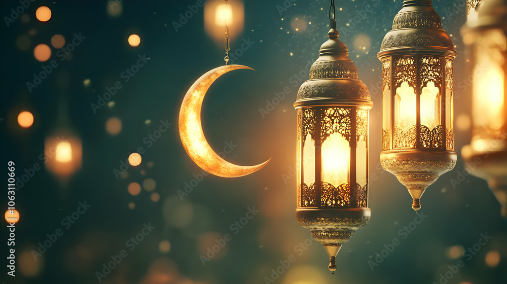 A serene night scene featuring crescent moon and ornate lanterns, evoking a festive atmosphere. AI Image A serene night scene featuring crescent moon and ornate lanterns, evoking a festive atmosphere. AI Image