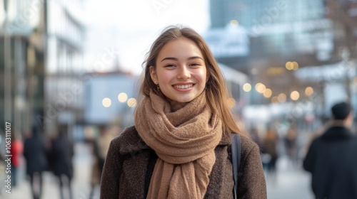 A young woman smiling warmly, standing amidst