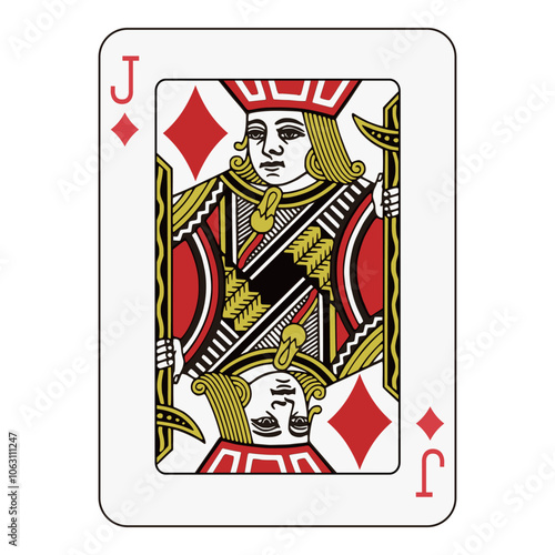 Jack of diamonds playing card, classic red and black design with intricate details.
