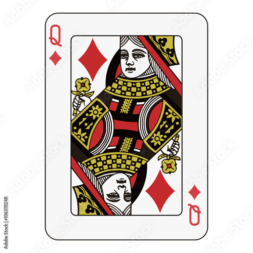 Queen of diamonds playing card, red and black traditional design, elegant face card.
