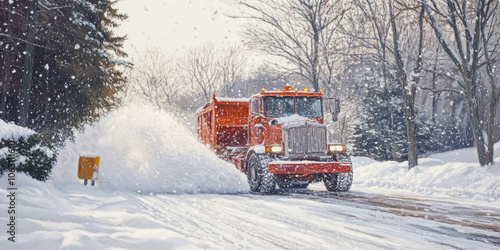 A red snowplow truck clearing heavy snow from a residential road during a winter snowfall, showcasing efficient snow removal in action..