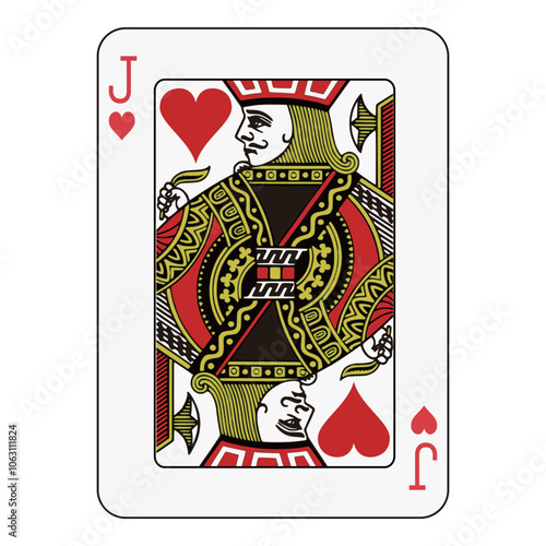 Jack of hearts playing card, red and black design with intricate face card details.
