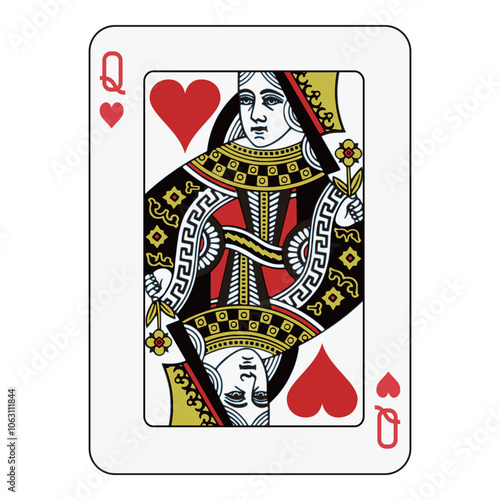 Queen of hearts playing card, elegant face card design with red and black details. 