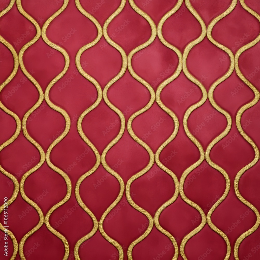 Fototapeta premium A textured fabric featuring a red background with wavy gold patterns.