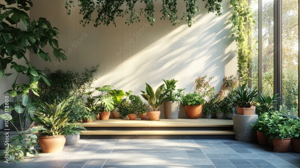 An artistic arrangement of various potted plants in a modern indoor An artistic arrangement of various potted plants in a modern indoor