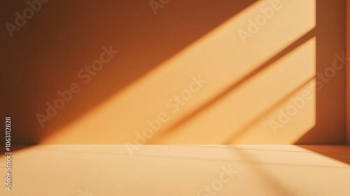 warm golden minimalist stage with soft shadows creating serene atmosphere. simplicity of design invites calm and focus, perfect for artistic expression
